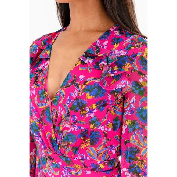 Saloni Edith Pink Floral V-Neck Midi Dress Silk Ruffle Size 0 Women's Preowned - Picture 4 of 15